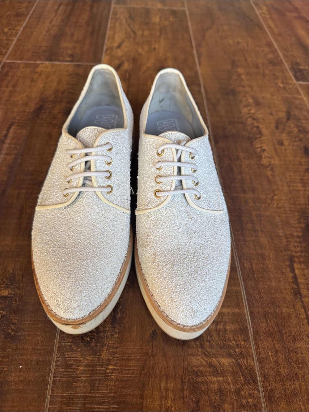 Women’s Derby Shoes in White Sparkle with 1” platform